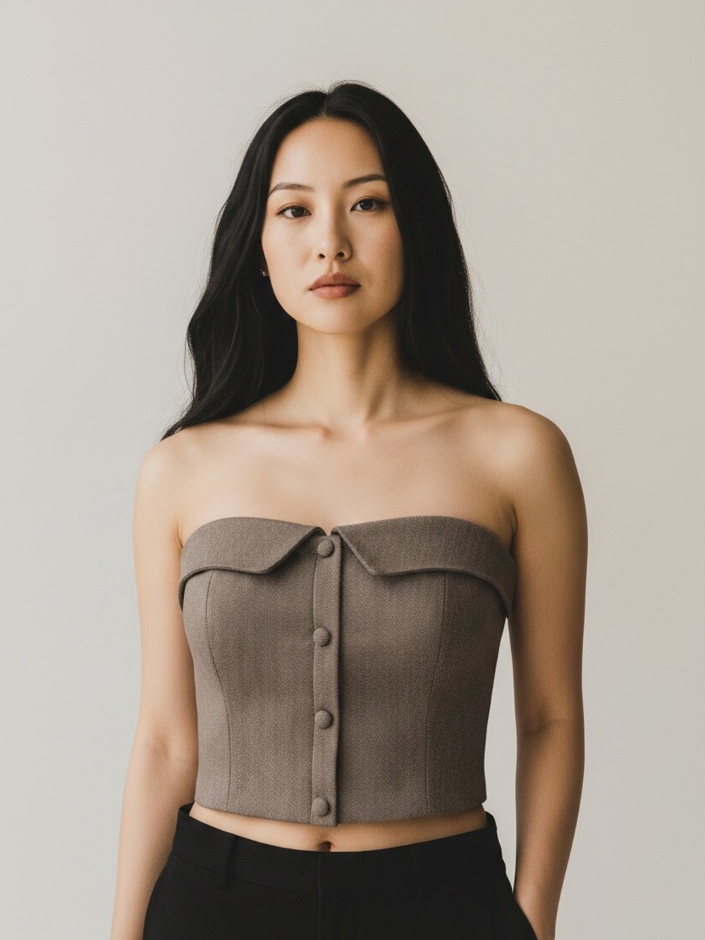 Zara Taupe Strapless Button-Front Crop Top